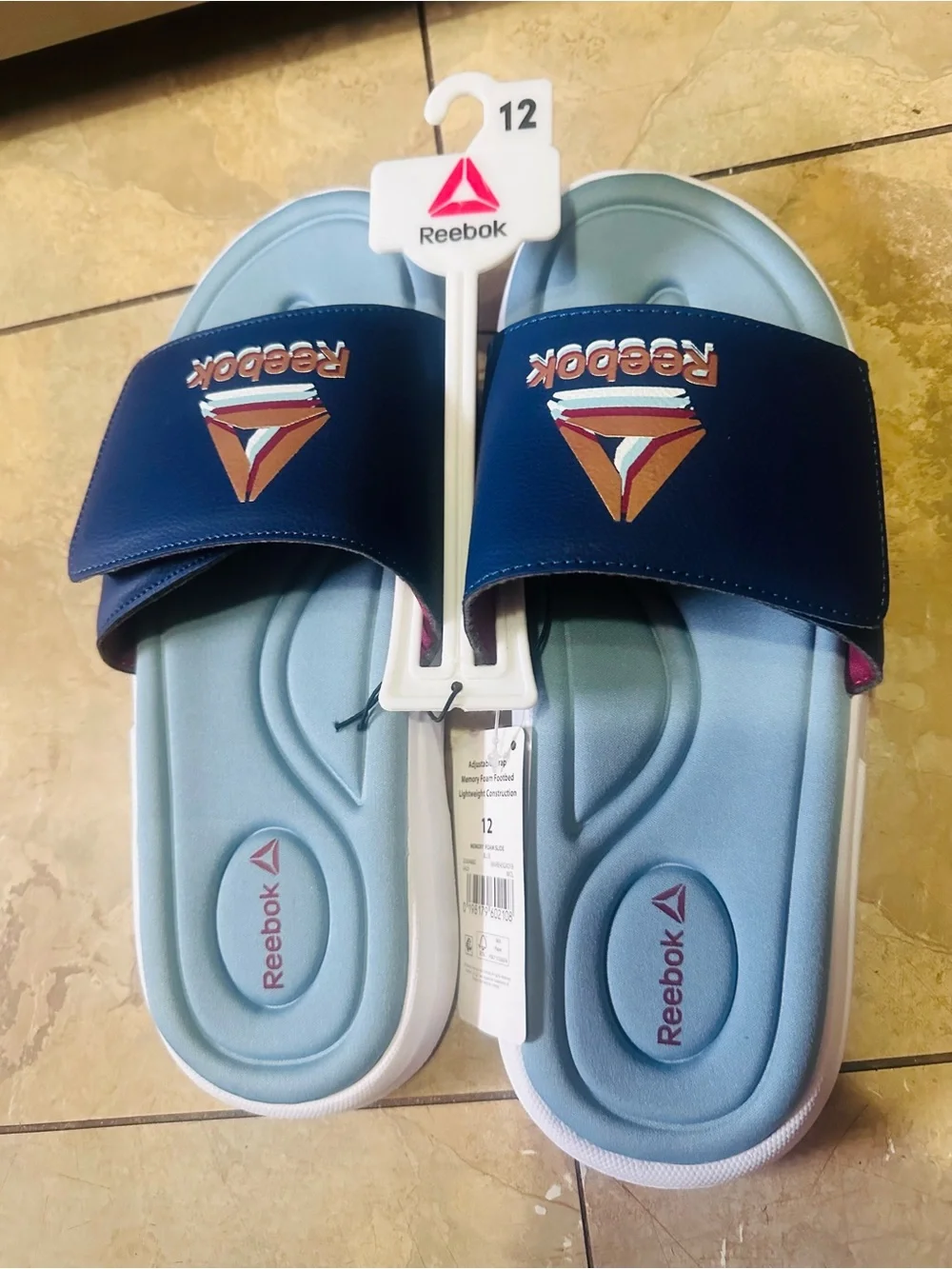 Reebok✨🩵💙💛Light Blue and Navy Slide Sandals with Multicolor Logo